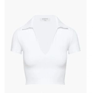Babaton White Contour V-Neck Polo Short Sleeve Crop Top